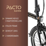 PACTO ELEVEN Vouwfiets - Hoogwaardige Nederlandse Vouwfiets - 27 cm Oversized Stalen Frame - 20 Inch Aluminium Wielen - 3 Shimano Versnellingen - Vouwfiets voor Volwassenen - Zwart