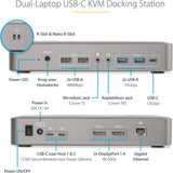 StarTech.com Dual-Laptop USB-C KVM Docking Station, Dual Monitor 4K 60Hz DisplayPort KVM Dock, 5-Port USB Hub, GbE, 90W/45W Power Delivery voor Twee Laptops, Windows/Mac (129UE-USBC-KVM-DOCK)