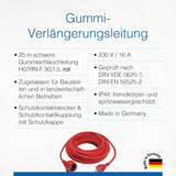 as - Schwabe Gummi-Verlängerungsleitung – 25 m Kabel mit Schutzkontaktwickelstecker, Schutzkontaktkupplung inkl. Schutzkappe ­– 230 V / 16 A Verlängerungskabel – IP44 – Made in Germany – Rot I 60373