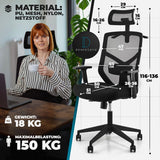 deskblend LH1 Bureaustoel, ergonomisch, kleerhanger, in hoogte verstelbare lendenwervelondersteuning, managersstoel, verstelbare hoofdsteun, armleuning, ergonomische bureaustoel, draaistoel, 150 kg