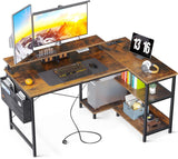 ODK Bureau, L-vormig, hoekbureau, gamingtafel, computertafel, met USB-oplaadpoort en stopcontact, met legplanken, omkeerbaar, met monitorstandaard, voor kantoor of thuiskantoor, bruin, 120 x 80 x 88