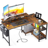 ODK Bureau, L-vormig, hoekbureau, gamingtafel, computertafel, met USB-oplaadpoort en stopcontact, met legplanken, omkeerbaar, met monitorstandaard, voor kantoor of thuiskantoor, bruin, 120 x 80 x 88