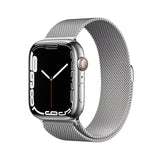 Apple Watch Series 7 (GPS + Cellular, 45mm) smartwatch - kast van zilverkleurig roestvrij staal - Zilverkleurig Milanees bandje. Conditie bijhouden, Saturatie-app en Ecg-app, waterbestendig