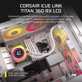 CORSAIR iCUE LINK TITAN 360 RX LCD-Vloeistofkoeler – 360mm AIO – Geluidsarme – FlowDrive-Koelsysteem – Intel LGA 1851/1700, AMD AM5/AM4 – 3x RX120 RGB-Fans – Inclusief iCUE LINK-Systeemhub – Wit