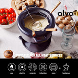 ALVA Nori Fondueset 8 inch, fonduepan set met 8 fonduevorken, gietijzeren smeltkroes voor chocolade of fondue kaaswarmer, geëmailleerde gietijzeren chocoladefondueset