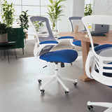 Flash Furniture Bureaustoel met middelhoge rugleuning, ergonomische bureaustoel met opklapbare armleuningen en LeatherSoft-materiaal, perfect voor thuiskantoor of kantoor, blauw/wit